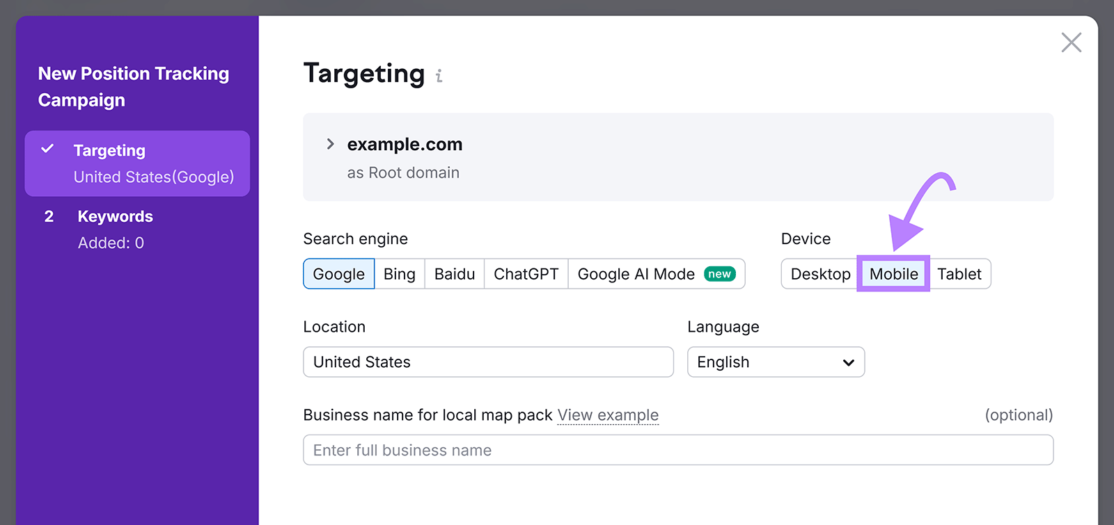 Campaign targeting setup with arrow pointing to "Mobile" device option.